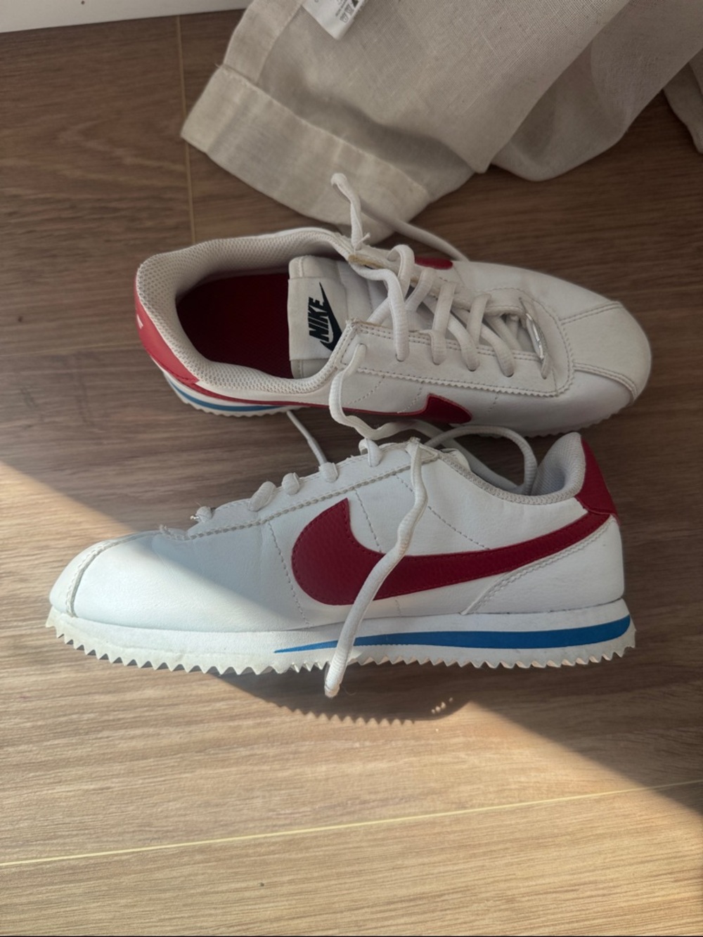 Nike White Sneakers with Red Swoosh and Blue Midsole Accent